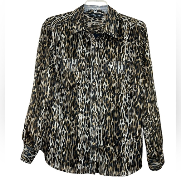 💥2/$15 Jones New York black brown leopard print long sleeve button down top 18W - Picture 1 of 8